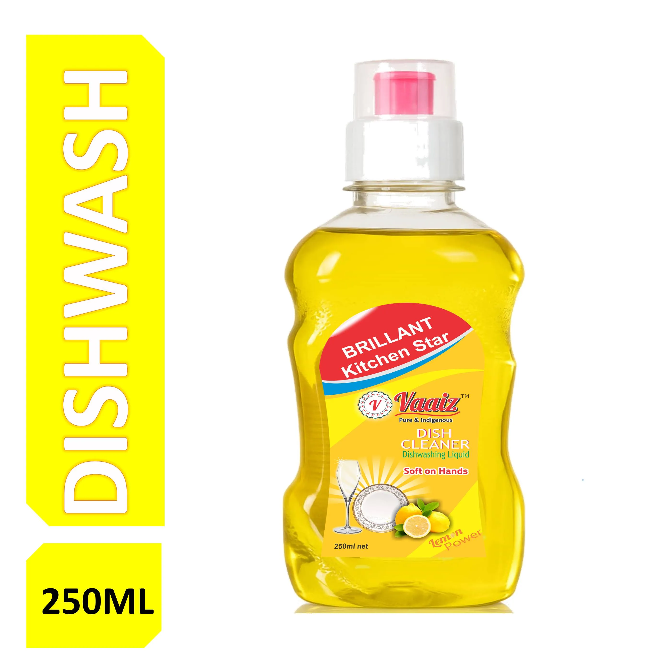 Vaaiz Dish Cleaner Liquid 250ml | Lemon Power Formula | Tough on Grease, Gentle on Hands | Removes Oil & Food Residue | Fresh Lemon Fragrance | Kitchen Utensil Cleaning Liquid